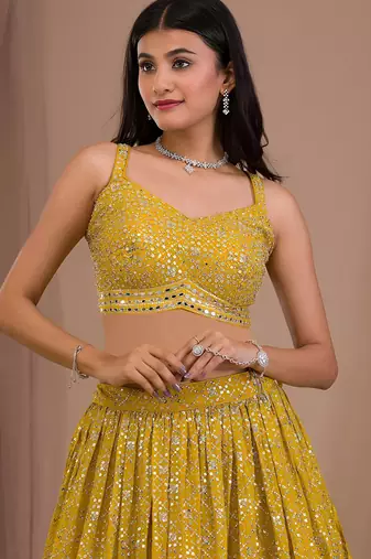 yellow sequins georgette lehenga set choli with dupatta with dupatta