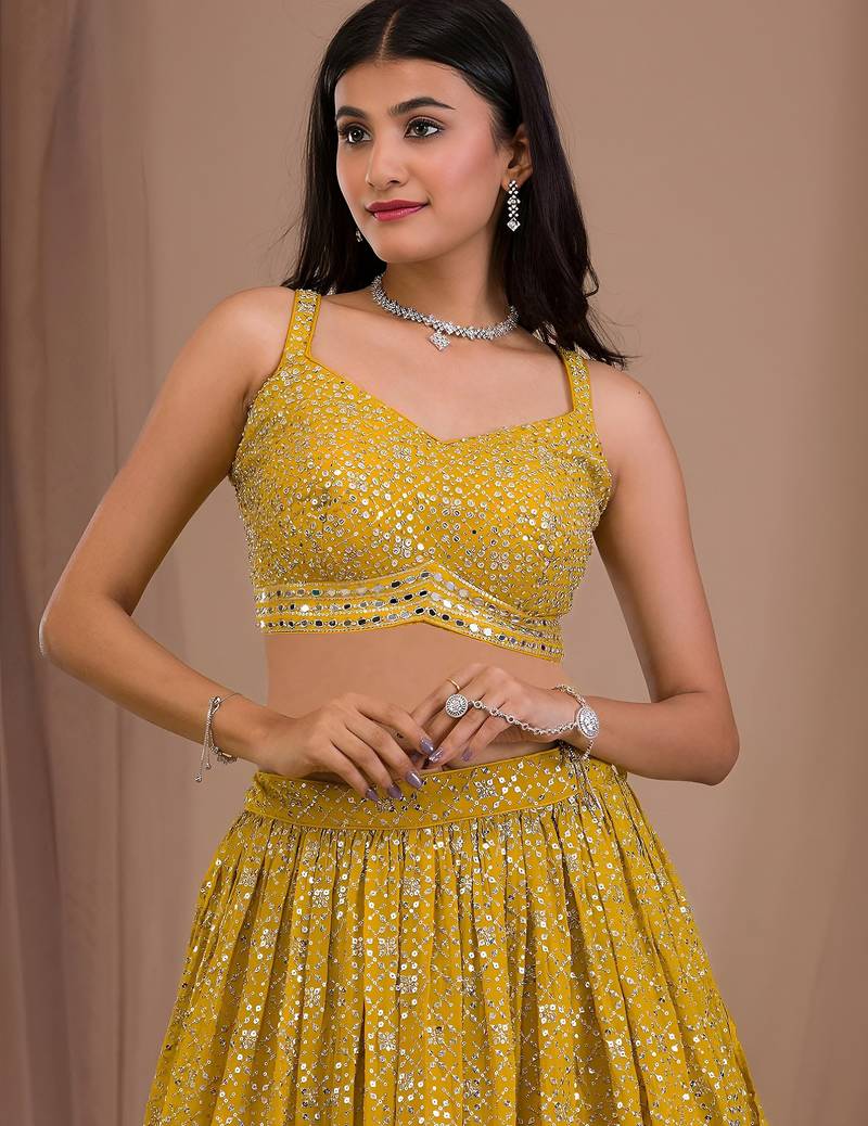 yellow sequins georgette lehenga set choli with dupatta with dupatta