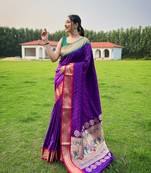 Purple Paithani style of contrust border silk bland zari weaving saree with Blouse