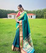 Rama Blue Paithani style of contrust border silk bland zari weaving saree with Blouse