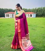 Pink Paithani style of contrust border silk bland zari weaving saree with Blouse