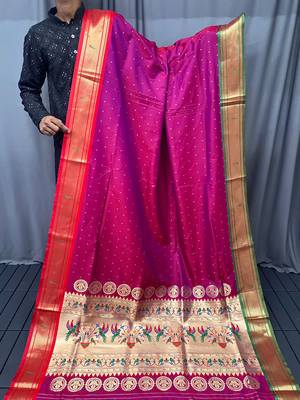 Pink Paithani style of contrust border silk bland zari weaving saree with Blouse 3