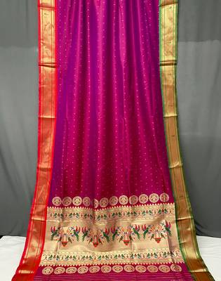Pink Paithani style of contrust border silk bland zari weaving saree with Blouse 4