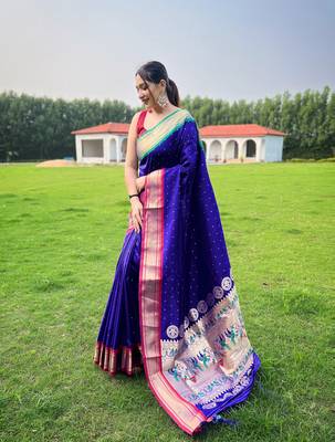 Violet Paithani style of contrust border silk bland zari weaving saree with Blouse 1