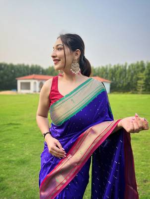 Violet Paithani style of contrust border silk bland zari weaving saree with Blouse 2