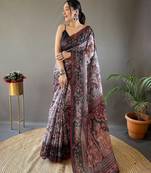 Grey Digital Printed Cotton Blend Saree & Rich Pallu Saree With Blouse