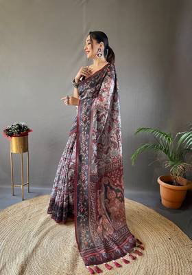 Grey Digital Printed Cotton Blend Saree & Rich Pallu Saree With Blouse 2