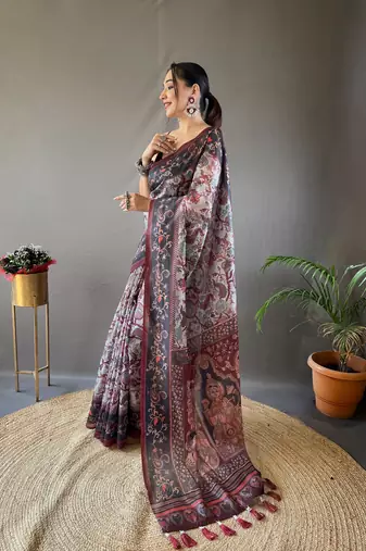 Grey Digital Printed Cotton Blend Saree & Rich Pallu Saree With Blouse