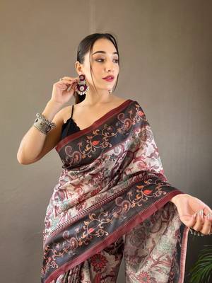 Grey Digital Printed Cotton Blend Saree & Rich Pallu Saree With Blouse 3