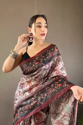 Grey Digital Printed Cotton Blend Saree & Rich Pallu Saree With Blouse
