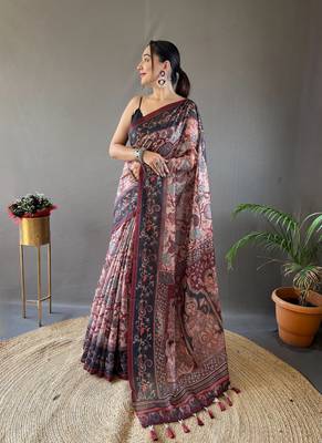 Peach Digital Printed Cotton Blend Saree & Rich Pallu Saree With Blouse 1
