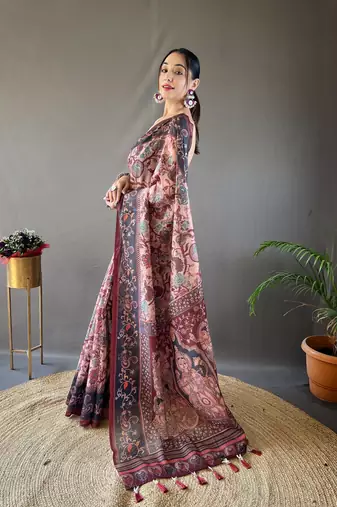 Peach Digital Printed Cotton Blend Saree & Rich Pallu Saree With Blouse
