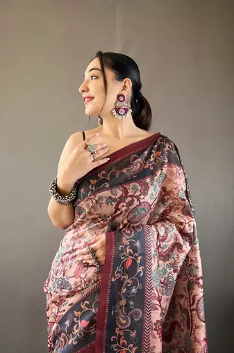 Peach Digital Printed Cotton Blend Saree & Rich Pallu Saree With Blouse