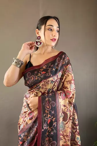 Yellow Digital Printed Cotton Blend Saree  Rich Pallu Saree With Blouse
