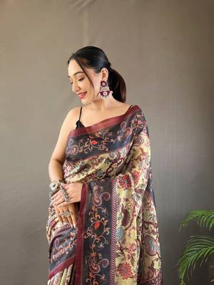 Green Cotton Blend Printed Work &  Rich Pallu Saree With Blouse 3