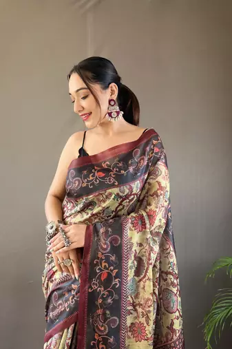 Green Cotton Blend Printed Work &  Rich Pallu Saree With Blouse