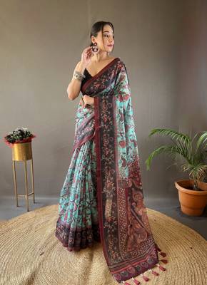 Sky Blue Digital Printed Cotton Blend Rich Pallu Saree With Blouse 1