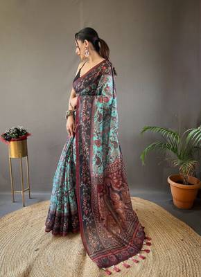 Sky Blue Digital Printed Cotton Blend Rich Pallu Saree With Blouse 2