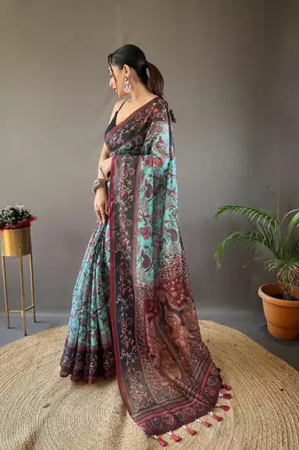 Sky Blue Digital Printed Cotton Blend Rich Pallu Saree With Blouse
