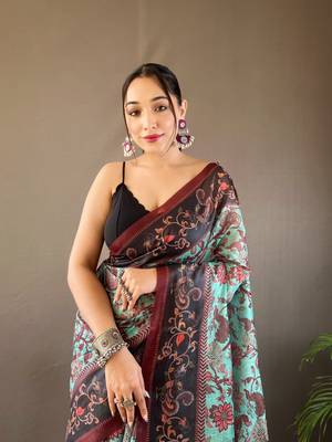 Sky Blue Digital Printed Cotton Blend Rich Pallu Saree With Blouse 3