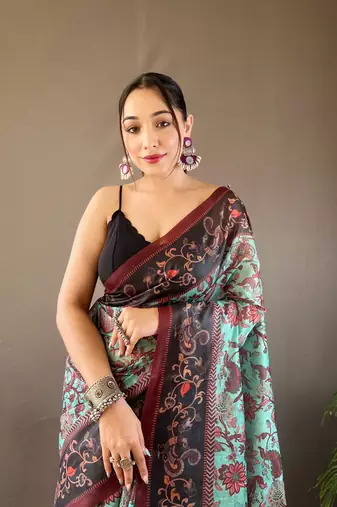 Sky Blue Digital Printed Cotton Blend Rich Pallu Saree With Blouse