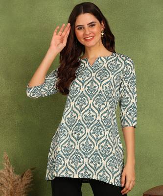 Peacock blue printed poly rayon short kurti for women and girls 1