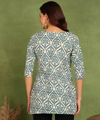 Peacock blue printed poly rayon short kurti for women and girls 2