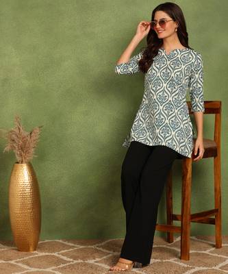Peacock blue printed poly rayon short kurti for women and girls 3