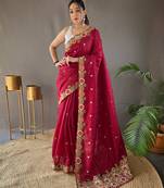 Red Mandakini Tussar silk bland embroidary work saree with Border