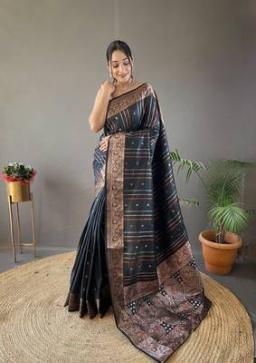 Black Nidhi Banarsi style copper zari silk bland border & Rich Pallu Saree with Blouse 1