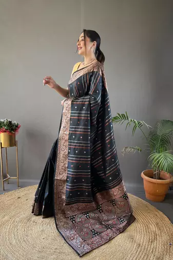 Black Nidhi Banarsi style copper zari silk bland border & Rich Pallu Saree with Blouse