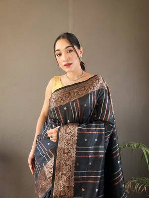 Black Nidhi Banarsi style copper zari silk bland border & Rich Pallu Saree with Blouse 3