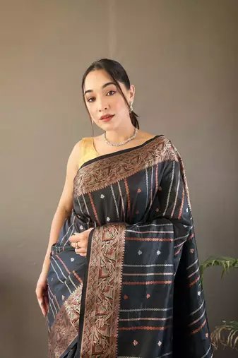Black Nidhi Banarsi style copper zari silk bland border & Rich Pallu Saree with Blouse