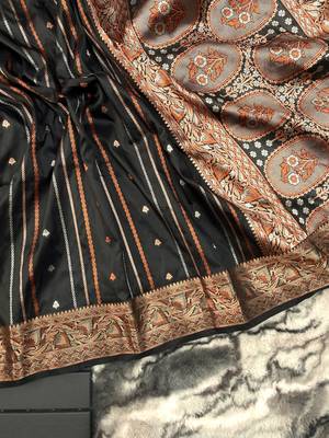Black Nidhi Banarsi style copper zari silk bland border & Rich Pallu Saree with Blouse 4