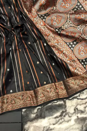 Black Nidhi Banarsi style copper zari silk bland border & Rich Pallu Saree with Blouse