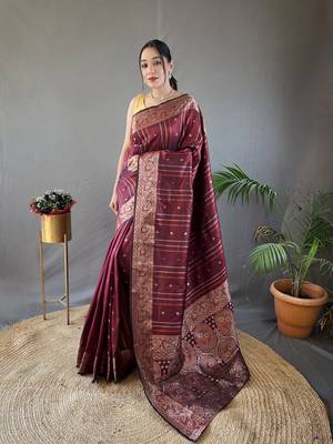 Brown Nidhi Banarsi style copper zari silk bland border & Rich Pallu Saree with Blouse 1