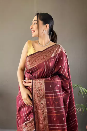 Brown Nidhi Banarsi style copper zari silk bland border & Rich Pallu Saree with Blouse