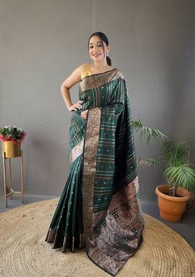 Green Nidhi Banarsi style copper zari silk bland border & Rich Pallu Saree with Blouse 1