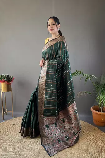 Green Nidhi Banarsi style copper zari silk bland border & Rich Pallu Saree with Blouse