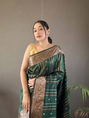 Green Nidhi Banarsi style copper zari silk bland border & Rich Pallu Saree with Blouse 3