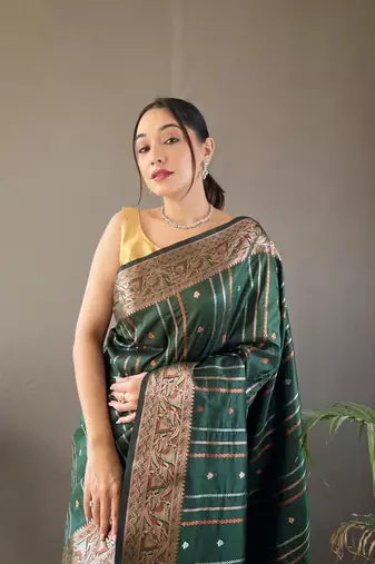 Green Nidhi Banarsi style copper zari silk bland border & Rich Pallu Saree with Blouse