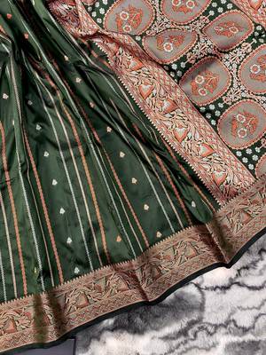 Green Nidhi Banarsi style copper zari silk bland border & Rich Pallu Saree with Blouse 5