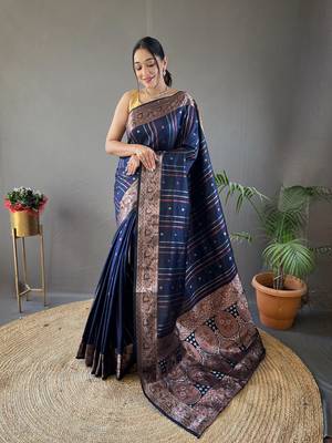 Navy Blue Nidhi Banarsi style copper zari silk bland border & Rich Pallu Saree with Blouse 1