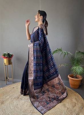Navy Blue Nidhi Banarsi style copper zari silk bland border & Rich Pallu Saree with Blouse 2