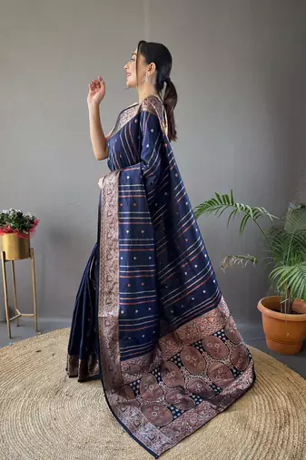 Navy Blue Nidhi Banarsi style copper zari silk bland border & Rich Pallu Saree with Blouse