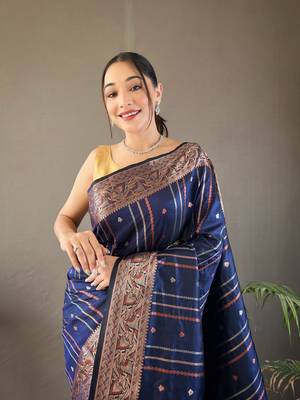 Navy Blue Nidhi Banarsi style copper zari silk bland border & Rich Pallu Saree with Blouse 3
