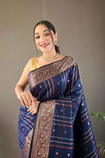 Navy Blue Nidhi Banarsi style copper zari silk bland border & Rich Pallu Saree with Blouse