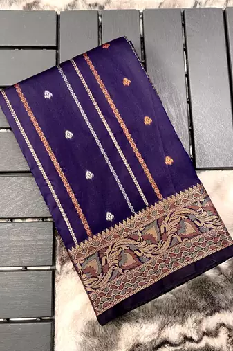 Navy Blue Nidhi Banarsi style copper zari silk bland border & Rich Pallu Saree with Blouse