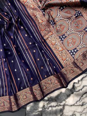 Navy Blue Nidhi Banarsi style copper zari silk bland border & Rich Pallu Saree with Blouse 5