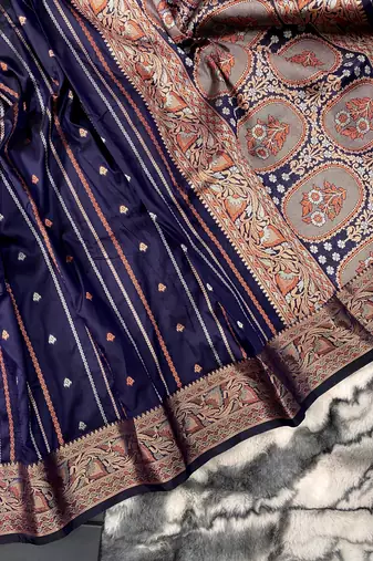 Navy Blue Nidhi Banarsi style copper zari silk bland border & Rich Pallu Saree with Blouse